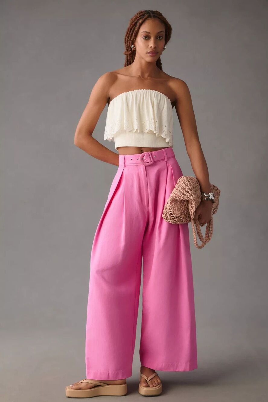 Farm Rio Tailored Wide Leg Pants trousers Belted in Pink Medium New - Picture 1 of 8